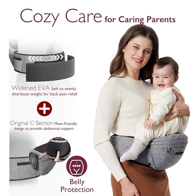 Momcozy Hip Seat Baby Carrier - Adjustable Waistband with Original 3D Belly Protector & EVA Massage Board, Ergonomic Carrier with Various Pockets for Newborns & Toddlers up to 45lbs (Grey, Large)