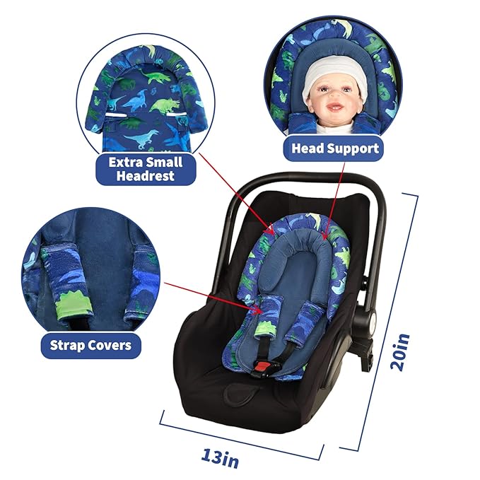 Baby Car Seat Head Support with Extra Headrest, 2-in-1 Babybody Supports with Shoulder Pads Set for Newborn, Adjustable Infant Car Seat Insert Compatible with Stroller, Baby Swing (Blue Dinosaur)