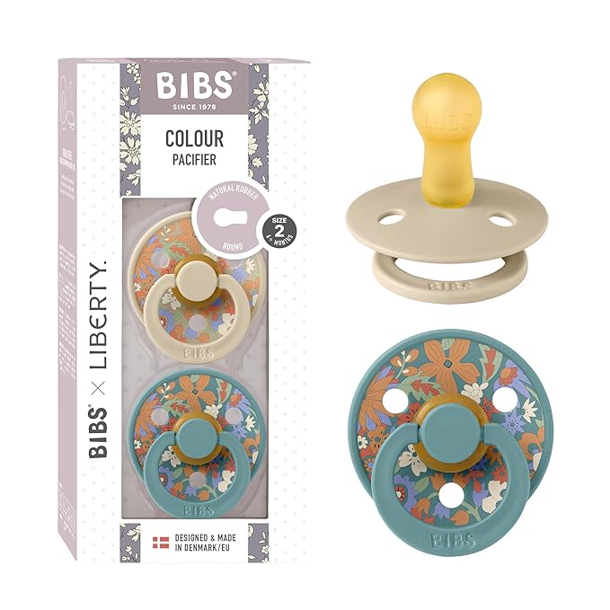 BiBS Liberty Pacifier 2-Pack, BPA Free Pacfiers with Natural Latex Round Nipple, Made in Scandinavia, Size 2 (6-18 Months), June Blossom Vanilla Hush Mix