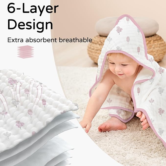 Yoofoss Hooded Baby Towels for Newborn 2 Pack 100% Muslin Organic Cotton Baby Bath Towel with Hood for Babies, Infant, Toddler and Kids, 32x32Inch, Soft and Absorbent Newborn Essential,Pink&Wh Leaf