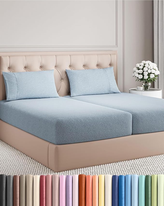 Split King Size 5 Piece Sheet Set - Comfy Breathable & Cooling Bed Sheets Set - Hotel Luxury Bedding for Women, Men, Kids, Teens, Boys & Girls - Deep Pockets & Wrinkle Free - Blue (Heathered Sheets)