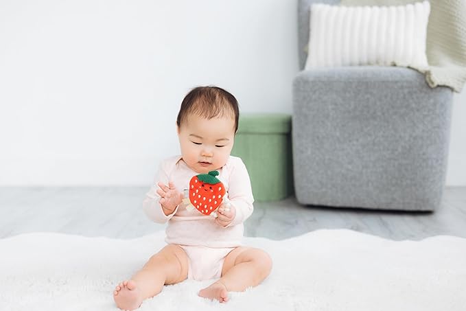 Pearhead Crinkle Plush Baby Teether, Adorable Strawberry Sensory Toy with BPA-Free Silicone Beaded Ring, Gentle Sound and Soft Fabric for Teething Pain Relief, Infant Rattle for Newborns 0+ Months