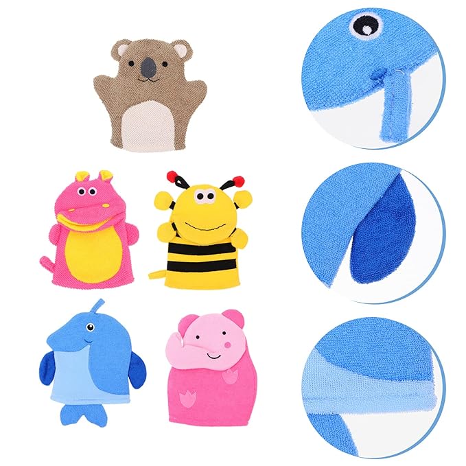 Kids Bath Mitts, 5 Pcs Cute Animal Washcloths Gloves, Bath Sponge Body Washcloth Mitt for Boys Girls Children Hand Bathing Shower