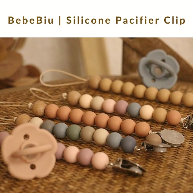 2 Pack Pacifier Clips, Silicone Pacifier Clip for Baby Boys and Girls, Baby Pacifier Strap with Silicone Beads, Soother Dummy Holder, Pacifier Holder, Keeps Pacifier Clean (Olive/Cream)