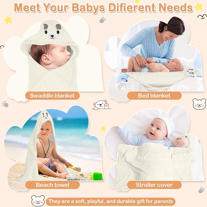 4 Pcs Baby Towels Set, 32x32 in Hooded Bath Towel and 3 Pcs Baby Washcloths for Newborns, Toddlers, and Kids, Soft Baby Towels and Washcloths Set for Boys and Girls (White Bear)