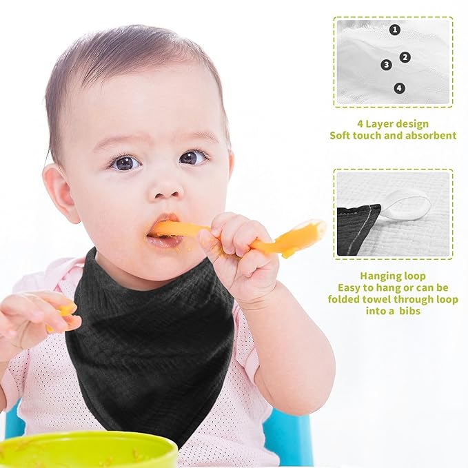 YETTASBIN Solid Black Muslin Baby Hand Washcloths, Soft Cotton Bath Face Towel, 4 Layers Extra Absorbent Feeding Burp Cloth for Newborn Infant Sensitive Skin, 5 Pack