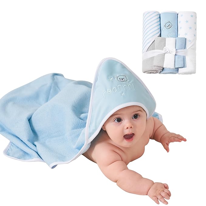 Viviland Baby Towels and Baby Wash Cloths Set Hooded Baby Towels Baby Wipes Absorbent Bath Face Towels Burp Cloths or Face Towels for Girl Boy 6-Pack Size 28 x 28 Inch(Lion)