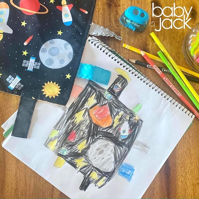 Baby Jack & Co 8x8” Outer Space Lovey Tag Toys for Babies - Crinkle Toys - Travel Self Sooth - Soft & Safe - Learn Shapes, Colors, Planets - BPA Free w/Stroller Clip