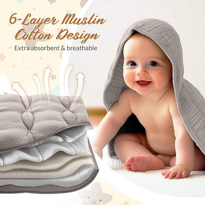 6 Pcs Muslin Hooded Bath Towels Washcloths and Bibs Set, Muslin Cotton Baby Towels Absorbent Hooded Blanket Towel Infant Bibs for Boys Girls Newborn Infant Essential(Brown, Beige)