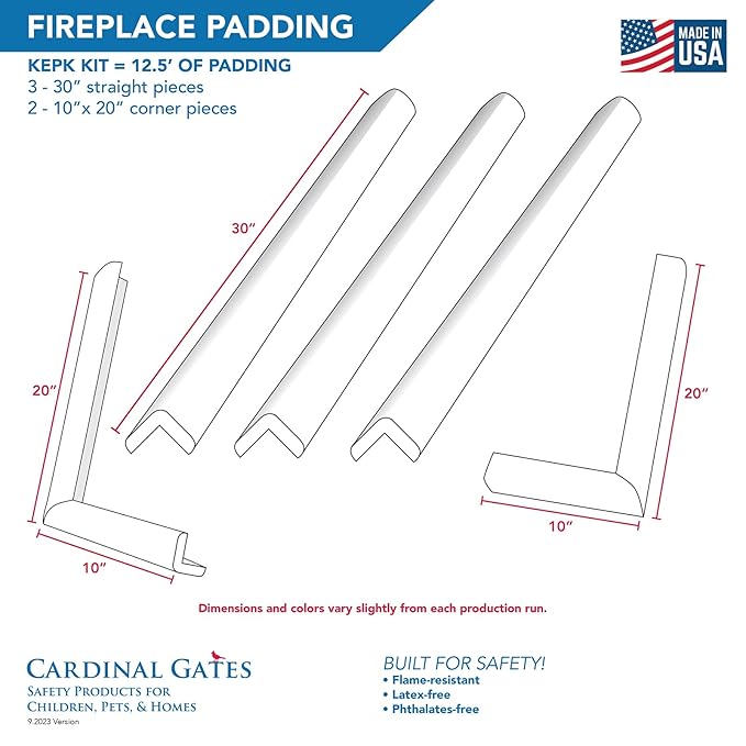 Cardinal Gates KEPK Large Hearth Pad Kit - Fireplace Baby Proofing - Adhesive Backed Fireplace Bumpers for Babies - 12.5 Feet of Padding with 3 Straight Pieces & 2 Corners - Made in The USA - Brown