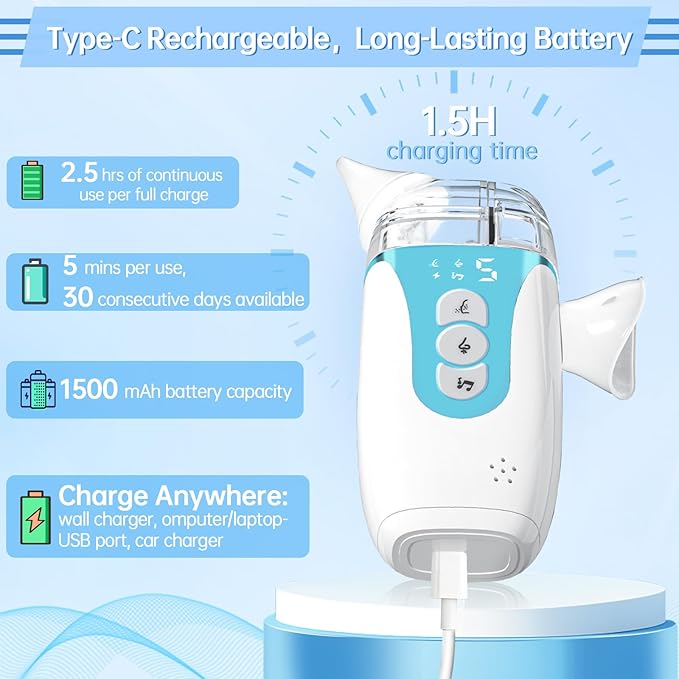 Nasal Aspirator for Baby, 2026 Upgraded Nose Cleaner with Powerful Suction, 2-in-1 Electric Nose Sucker with Large-Capacity Collector and AI Pause Function,Baby Nose Aspirator with Music-Blue