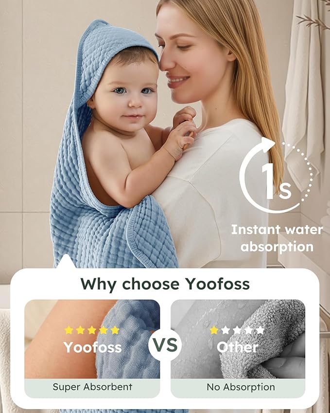 Yoofoss Hooded Baby Towels for Newborn 2 Pack 100% Muslin Organic Cotton Baby Bath Towel with Hood for Babies, Infant, Toddler and Kids, 37.5"x37.5", Soft and Absorbent Newborn Essential,Blue&Green