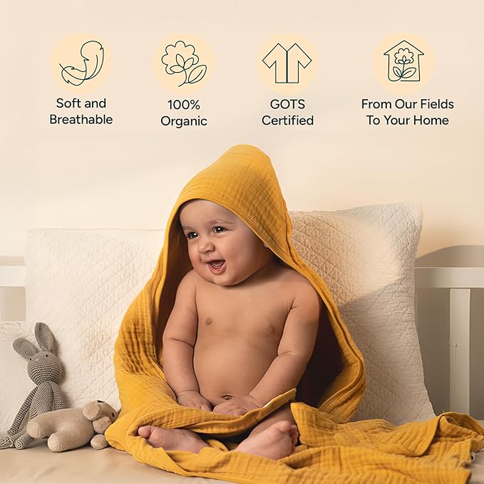 NINTARABABY Hands-Free Hooded Towel - 100% Organic Premium Muslin Cotton, 30" x 30", Ultra-Absorbent, Soft, Breathable, Hypoallergenic, Multipurpose, Gifts for Babies & Infants, Pack of 2