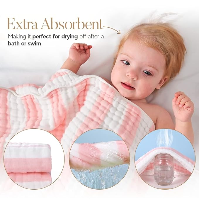 Muslin Hooded Baby Towel 4 Pack, 100% Organic Premium Cotton, (2) 6-Layer 32x32 Bath Towels & (2) Washcloths, Soft Newborn & Infant Gift Set (Pink Stripe & White)