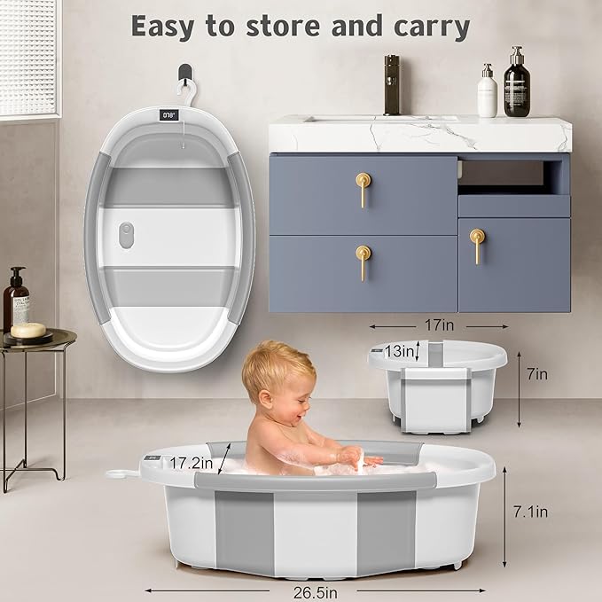 Collapsible Baby Bathtub for Newborn to Toddler 0-36 Months, Spacious Foldable Infant Bath Tub with Thermometer, Cushion & Drain Hole, Portable Travel Tub Grey