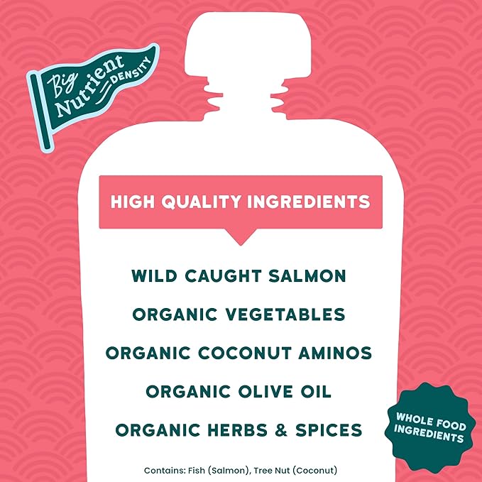 Serenity Kids 6+ Months Organic Baby Food Pouch - 3.5 oz, Pack of 12, Salmon Teriyaki - 5g Protein Nutrient-Packed Puree - Savory Salmon Teriyaki - No Added Sugar - On-The-Go Pouch for Baby Snacks