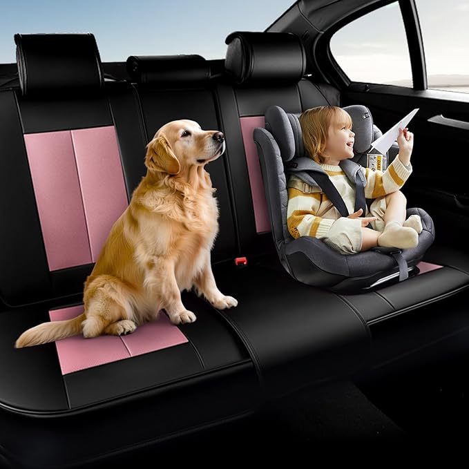 Coverado Car Seat Covers, Back Seat Cover, Rear Car Seat Cover, 3-Pieces Waterproof Car Seat Cushion, Car Seat Protector, Faux Leather Seat Cover Seat Protector Universal Fit Most Cars, Black&Pink