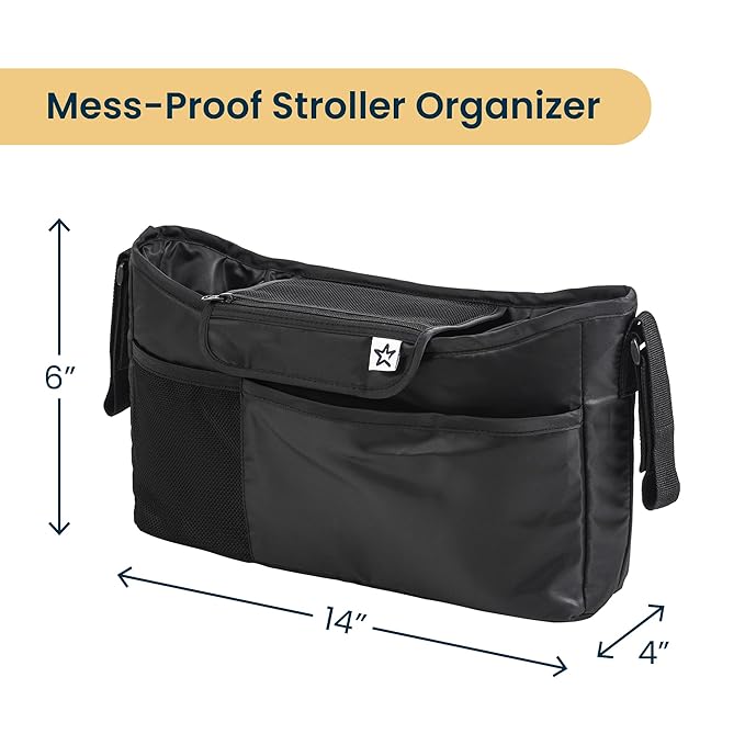 Tiny Twinkle Universal Stroller Organizer with Adjustable Strap - Waterproof Stroller Caddy Fits Baby Jogger, Nuna, Graco, Donna and Bugaboo Strollers（Black）