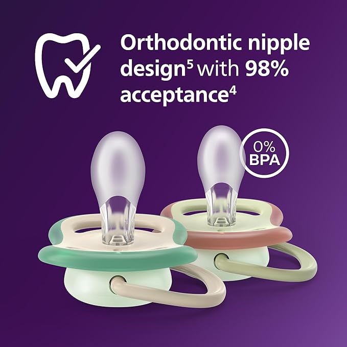 Philips Avent Ultra Air Nighttime Pacifiers - Orthodontic Design, for Babies 6-18 Months, Glow in The Dark, Soft Silicone Symmetrical Nipple, BPA-Free, with 2 Sterilizing Cases, 4 Pack, SCF376/37