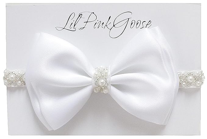 0-12 Newborn Baby Baptism Pearl Headband or Clip with Bow in WHITE Christening Headband with Satin Bow, Pearl Rhinestone Band (White(3-6Months), 1 Count (Pack of 1))