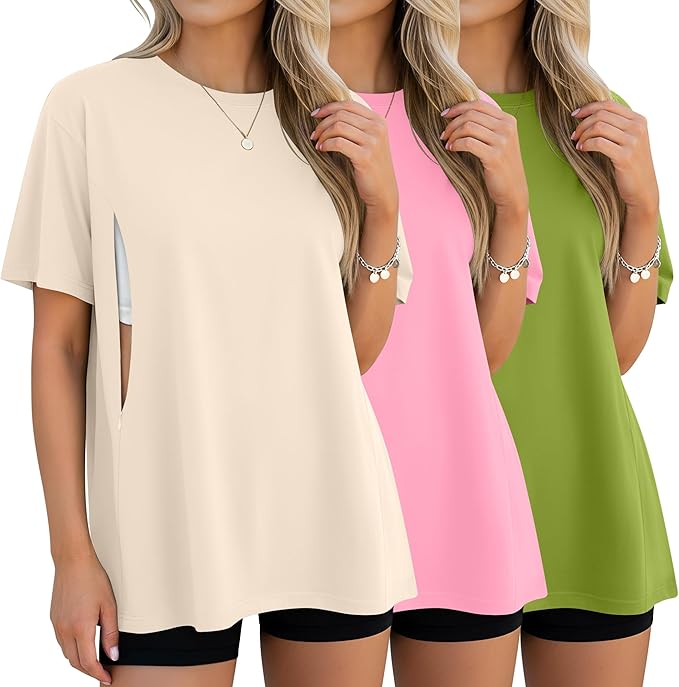 3 Pack Women's Oversize Nursing Breastfeeding Shirts Hidden Zipper Short Sleeve Loose Fit Maternity Tops