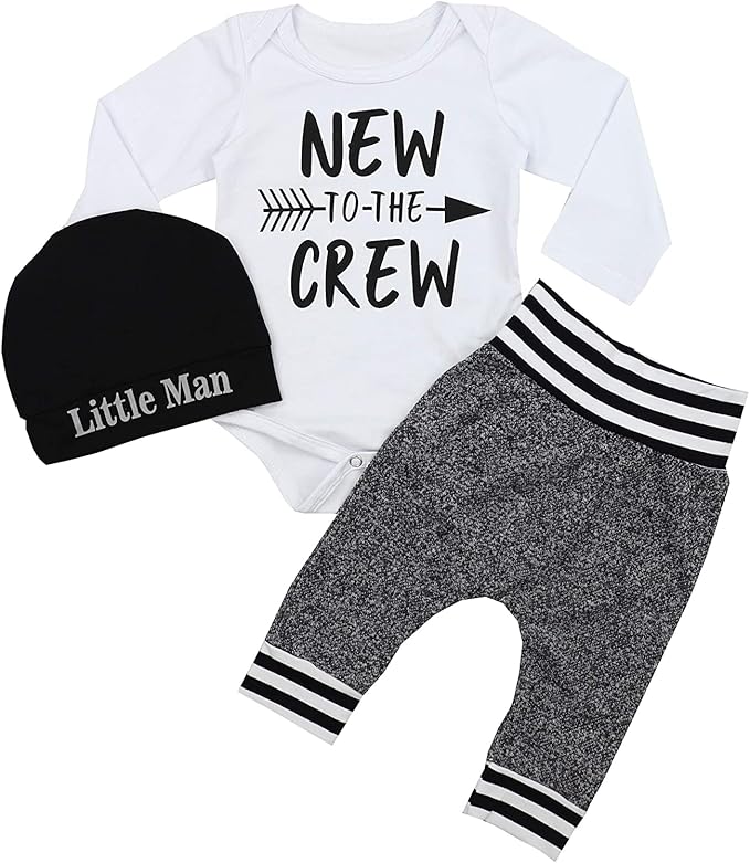 Fommy Newborn Baby Boy Clothes New to The Crew Letter Print Romper+ Pants+Hat 3PCS Outfit
