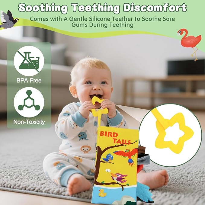 Baby Books Toys 0-12 Months with Teether,Tummy Time Crinkle Sensory Toys,High Contrast Touch & Feel Soft Book, Early Learning Infant Toys,Shower Gift for Boys Girls (Flying Animals)