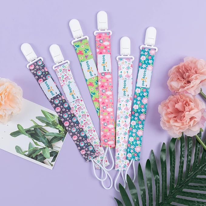 babygoal Floral Pacifier Clips, 6 Pack Binky Paci Holder Leashes Fits for Most Pacifiers and Binkies 6PB16