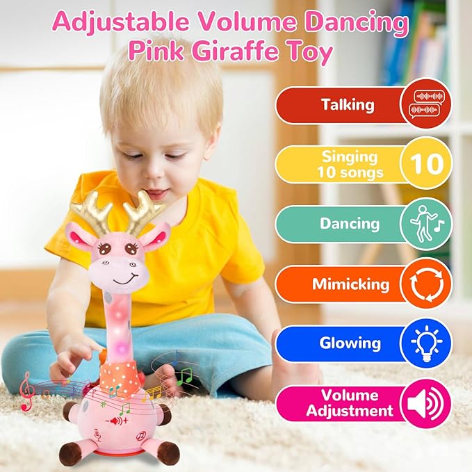 MILGEI Dancing Talking Giraffe Toy, Singing Musical Tummy Time Baby Toy with Volume Adjustment, 10 Children's Songs Light Up Toys, Repeating What You Say, Pink Giraffe Stuffed Animal for Girls Boys
