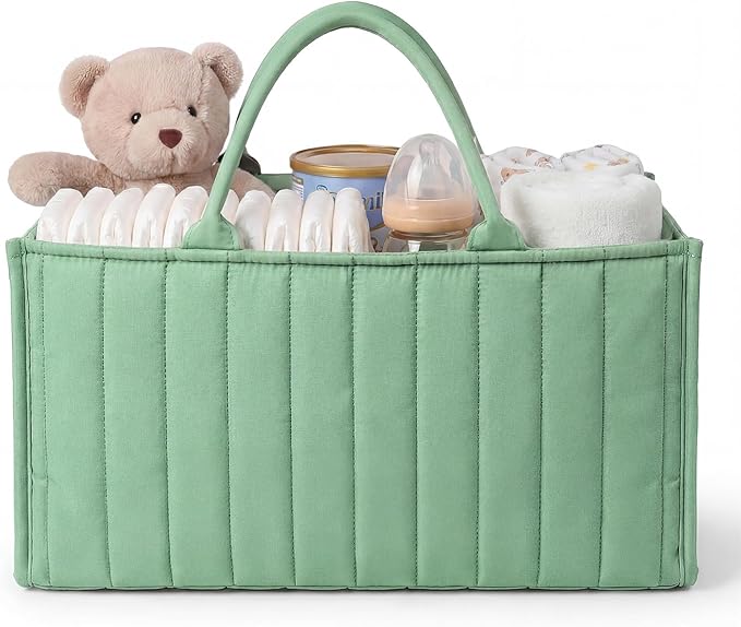 Green Diaper Caddy Organizer for Changing Table, Nursery Storage Basket for Diaper Stations with Removable Dividers, Newborn Baby Essentials & Registry Must Haves, Gift for Baby Shower