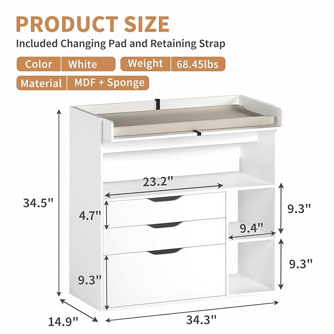 Pipleo Baby Changing Table Dresser with 3 Drawers and 3 Storage Shelves, Can be Used as a Baby Dresser with Changing Table Top, a Baby Changing Station, a Wood Diaper Changing Station (White)