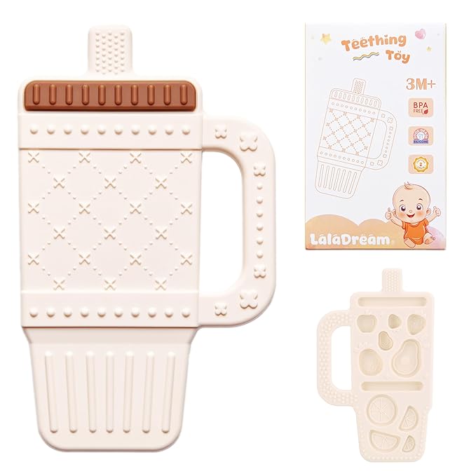 Baby Teething Toy Silicone Baby Teether for 3 6 12 18 Months Infant Tumbler Cup Shape Babies Teething Relief with Handle Toddler Chew Toys Food Grade BPA Free Teether Toys for Boys Girls White
