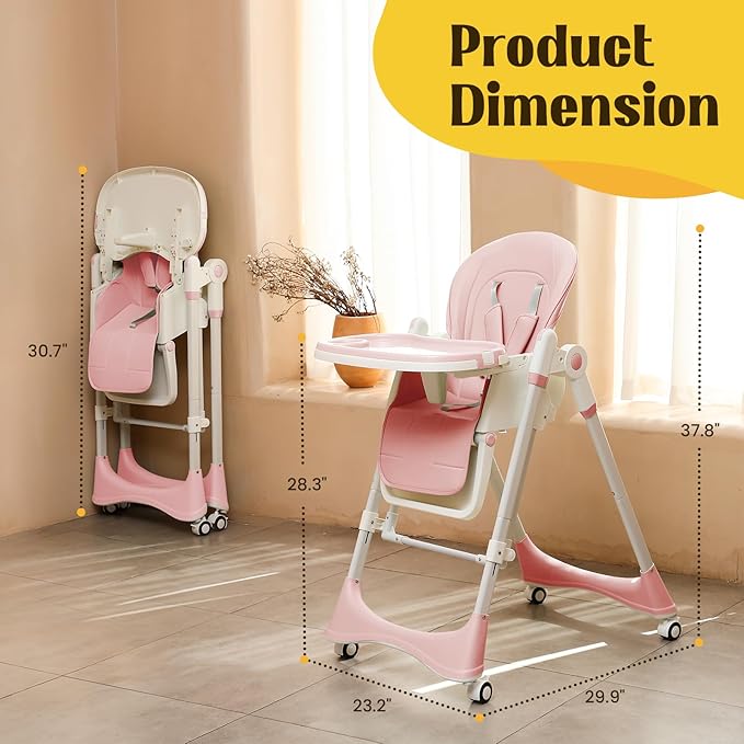6-in-1 Convertible High Chair with Rocker | Baby High Chair for Newborn to Toddler (0-3 Years) | Adjustable, Foldable & Easy-Clean with Dishwasher Safe Tray & Tool-Free Assembly,Pink