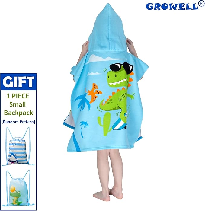 Hooded Kids Beach Towels - Toddler Bath Towel Girls Boys Swim Cover-ups for Ages 4 to 10 Kids Pool Towels Quick Dry Lightweight Soft Microfiber Poncho 30x30 with Bag (Dino Skating)