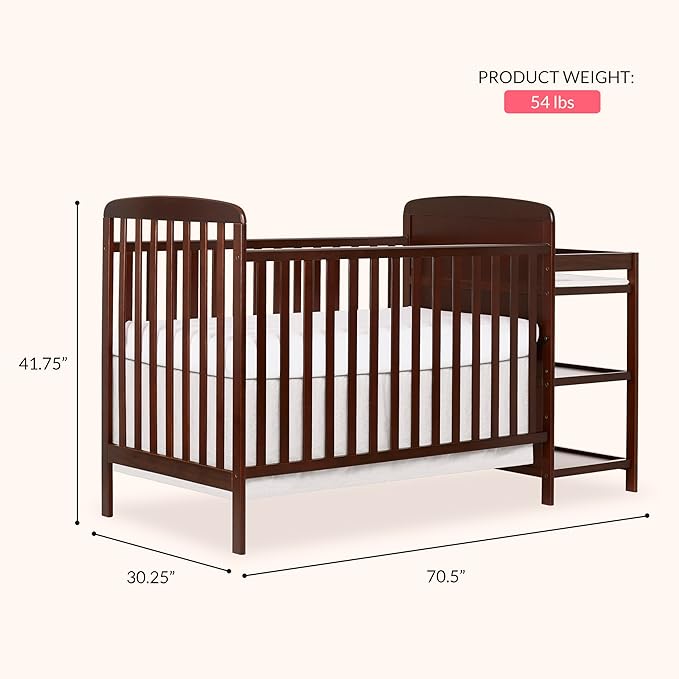 Dream On Me Anna 3-in-1 Full-Size Crib and Changing Table Combo in Espresso, Greenguard Gold Certified, Non-Toxic Finishes, Includes 1" Changing Pad, Wooden Nursery Furniture