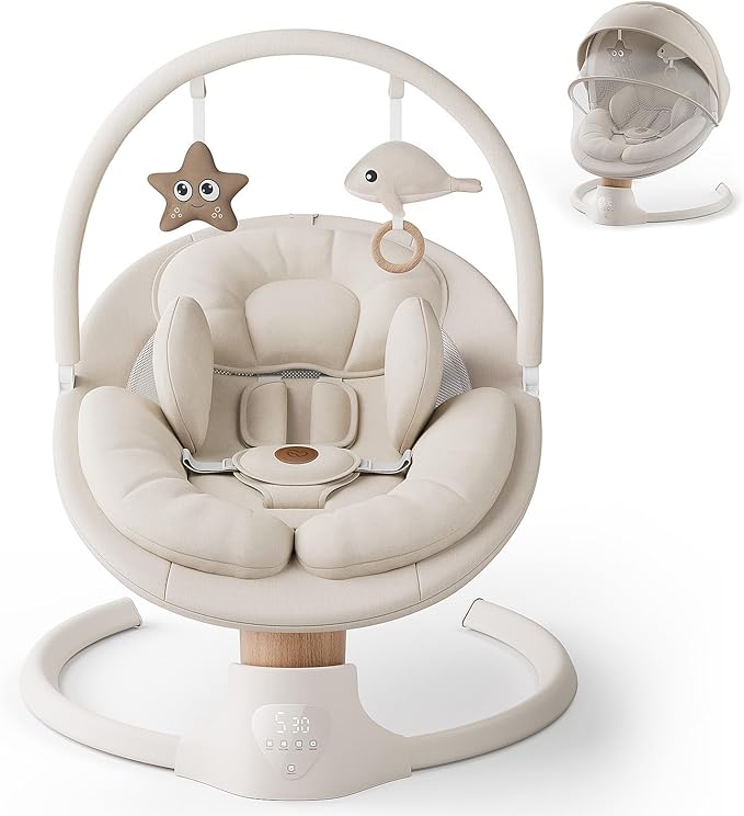 Baby Swings for Infants, FasonBaby Electric Baby Swing with 10 Preset Melodies, 5 Speeds, Remote Control and Bluetooth - Portable Infant Swing for Indoor and Outdoor(Beige)