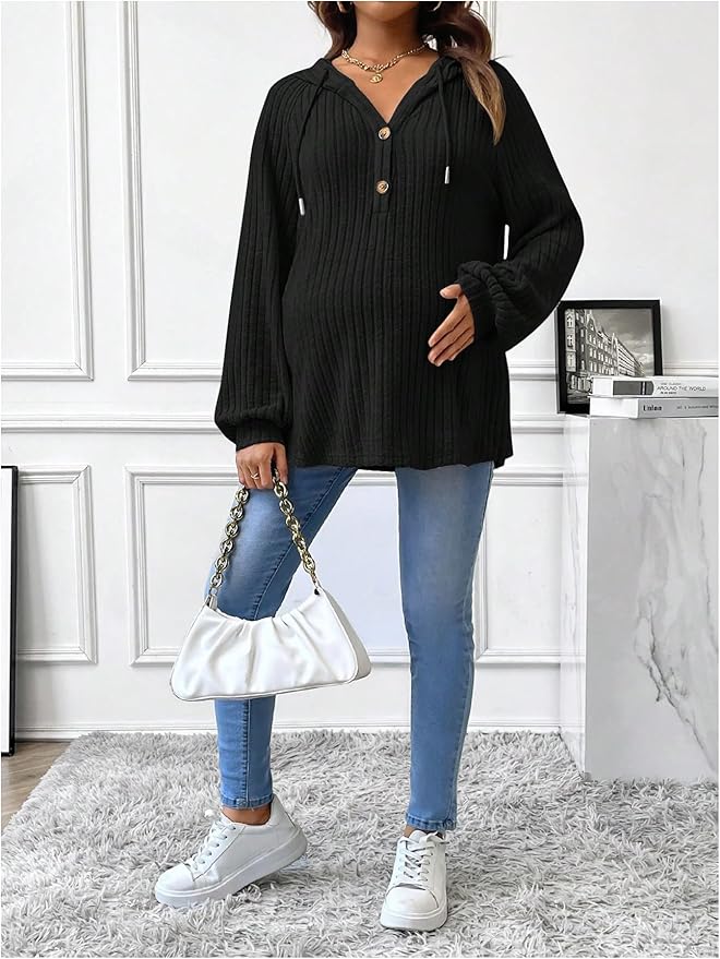 Women's Maternity Half Button Sweatshirts Long Sleeve Ribbed Knit Pregnancy Shirt Spring Clothes