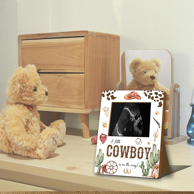 ALodr Cowboy Baby Shower Decorations, Baby Shower Sign Picture Frame, Cowboy Party Decor for Gender Reveal, Pregnancy Milestone Keepsake, Pregnancy Announcement Sonogram Photo Frames