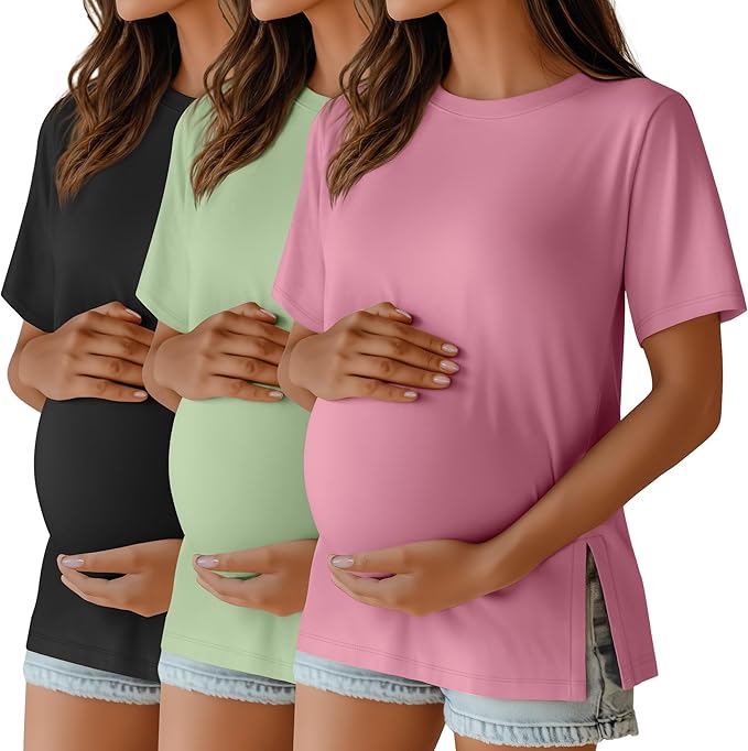 Ficerd 3 Pack Women's Maternity T Shirts, Short Sleeve Side Split Pregnancy Tops Casual Crew Neck Pregnant Tees Mama Clothes