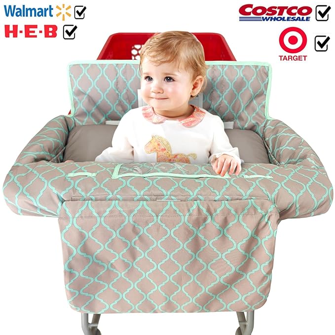 Love&go Soft Pillow Attached 2-in-1 Shopping Cart and High Chair Cover for Baby, Cotton Padded Cart Cover, Fold'n Roll Style, Portable with Carry Bag (Gray Grid)