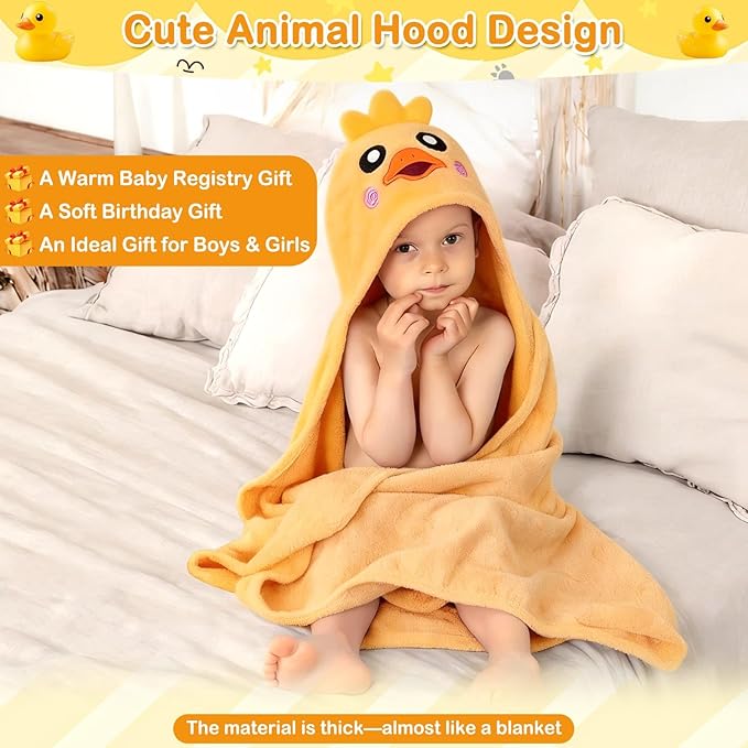 4 Pcs Toddler Bath Towel Set, 1 Pc Toddler Hooded Towel & 3 Pcs Baby Washcloths, Large 27.5"X55" Hooded Towels Kids, Absorbent Soft Thick Toddler Towels for Boy Girl 0-5 Year (Yellow Duck)