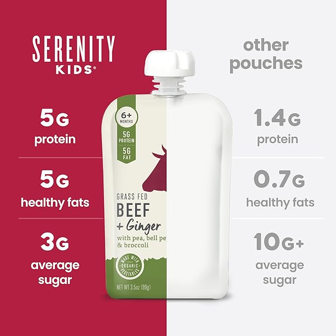 Serenity Kids 6+ Month Organic Beef & Veggie Baby Food Pouches - 5g Protein Grass Fed Beef - Organic Vegetables Blend with Broccoli & Bell Pepper - BPA-Free Baby Snacks Pouches - 3.5 Oz, 12 Pack