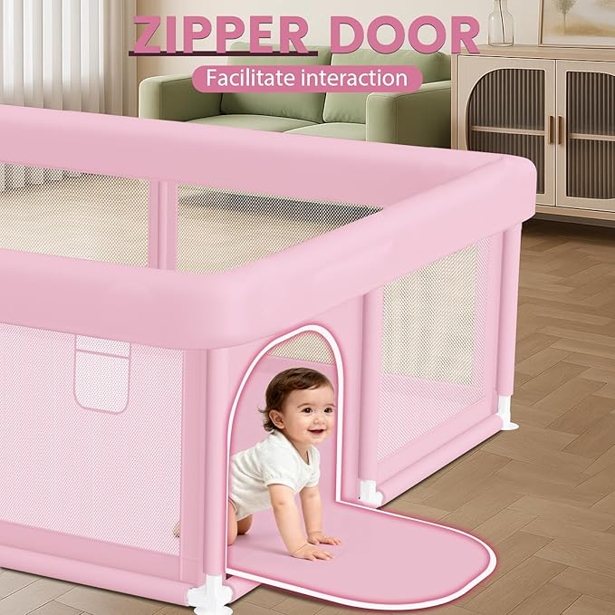 Large Baby Playpen 50"x50" Baby Girl Play Pen for Babies and Toddlers, Safe Structure and Soft, Skin-Friendly Fabric with Zipper Gates Pink