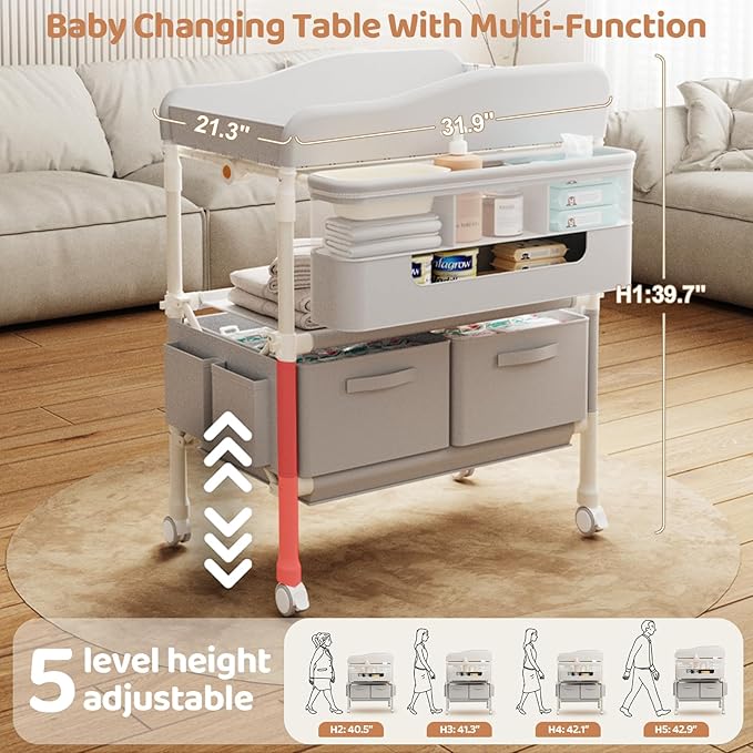 Baby Changing Table, Versatile Folding Changing Table with 2 Drawers, Portable Baby Diaper Changing Station with Toy Holder, Adjustable Height (39.7" to 42.9") Mobile Nursery Diaper and Newborn