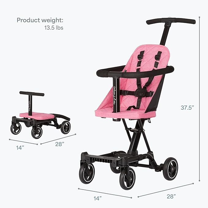 Dream On Me Coast Rider Travel Stroller, Lightweight & Compact Baby Stroller, Theme Park Approved, Book-Folding Design, Adjustable Handle, Soft-Ride Wheels, Converts to Rider & Scooter - Pink