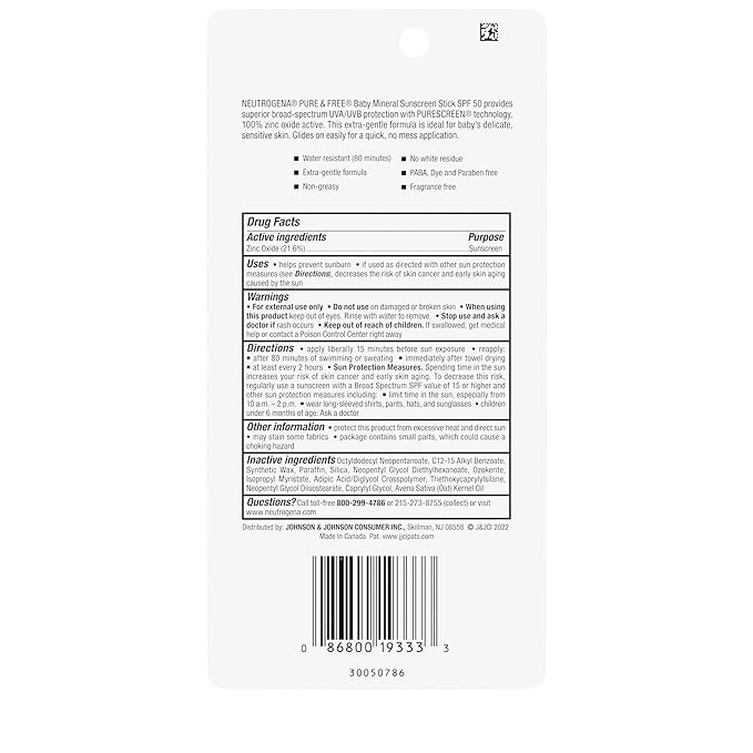 Neutrogena Pure & Free Baby Mineral Sunscreen Stick with Broad Spectrum SPF 50 & Zinc Oxide, Water-Resistant, Hypoallergenic, Paraben-, Dye- & PABA-Free Baby Face & Body Sunscreen, 0.47 oz