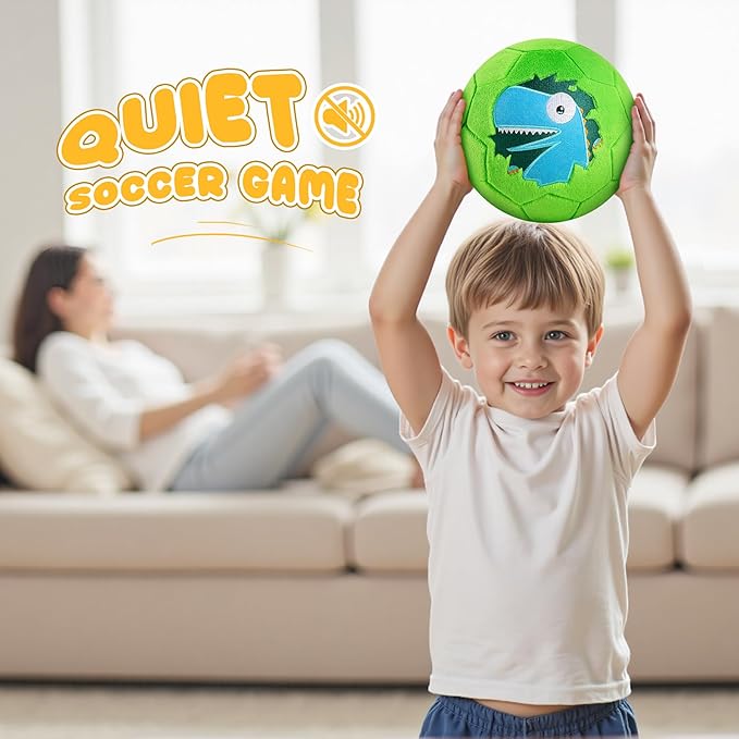 ZOOJOY Soft Balls for Toddlers 1-3, Silent Indoor Soccer Ball Size 3, Plush Inflatable House Ball for Kids 3-5, Kickball Toys First Birthday Gifts for Baby Boys Girls, Green Dinosaur, Pump Include