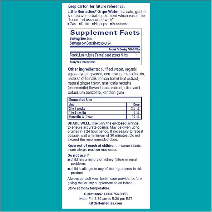 Little Remedies Gripe Water for Babies, With Chamomile, for Baby Gas Relief, No Alcohol or Artificial Dyes, 4 Fl Oz