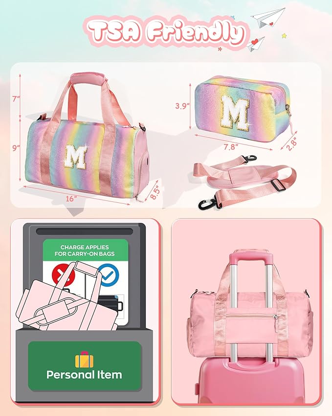 7 Year Old Girl Gifts-Girl Gym Bag with Shoe Compartment, Kid Personalized Weekender Overnight Bags, Initial Travel Tote with Makeup Pouch, Girls Kids Gift (Letter V)