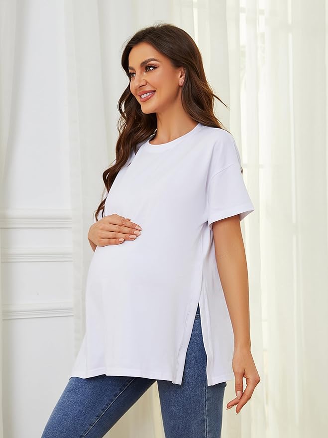Ecavus Women's Casual Maternity Shirts Split Side Pregnancy Tops Blouses Short Sleeve Loose Fit Maternity Clothes